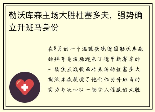 勒沃库森主场大胜杜塞多夫，强势确立升班马身份